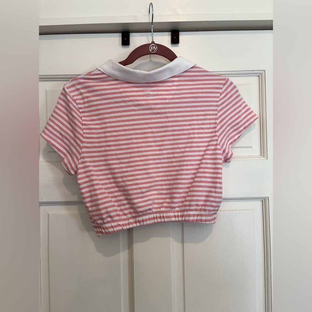 Aerie Offline Cropped Striped Collared Pink and White Shirt Golf Tennis - Picture 2 of 3